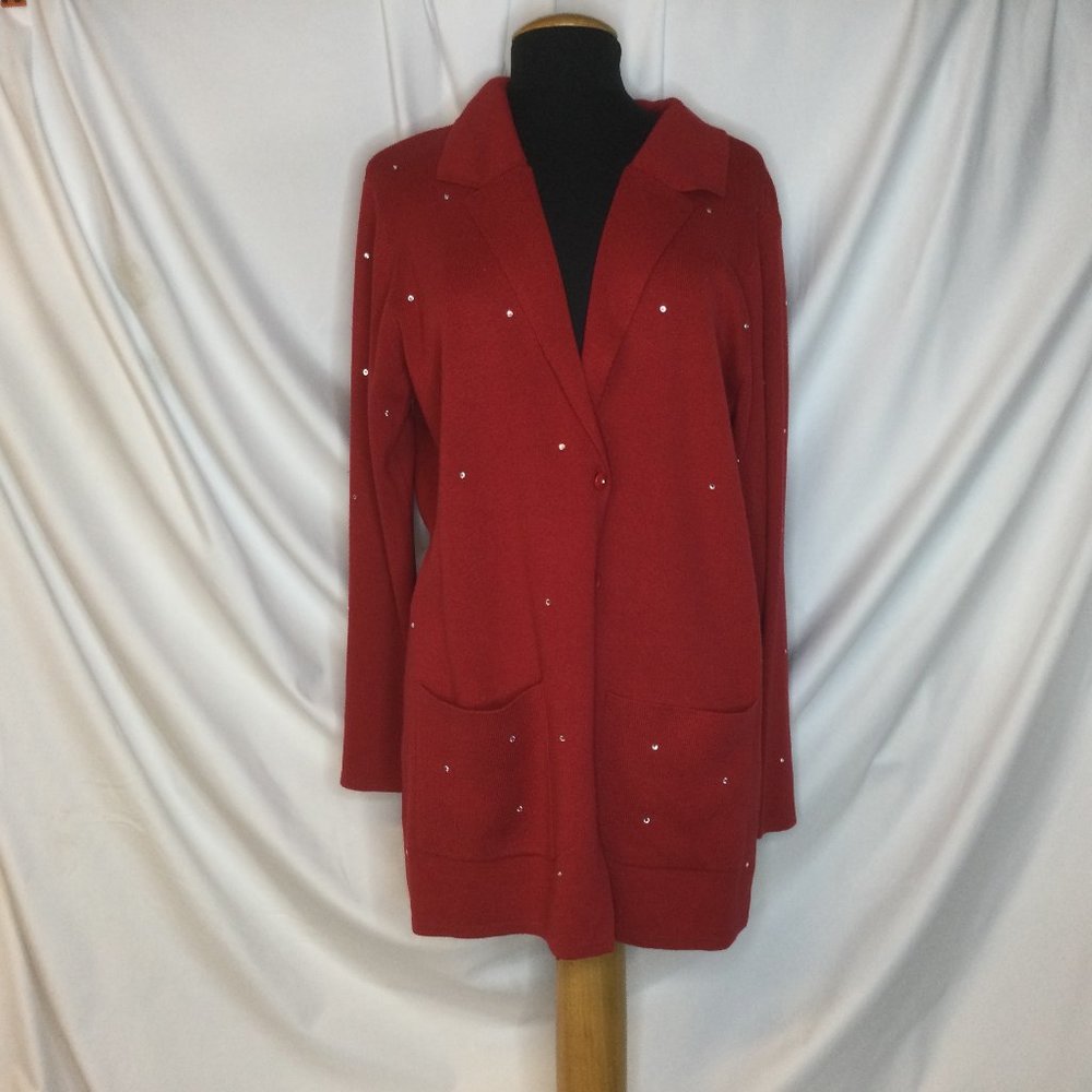 Quacker Factory QVC Sweater Burgundy Acrylic Cotton Rhinestones Pockets L New